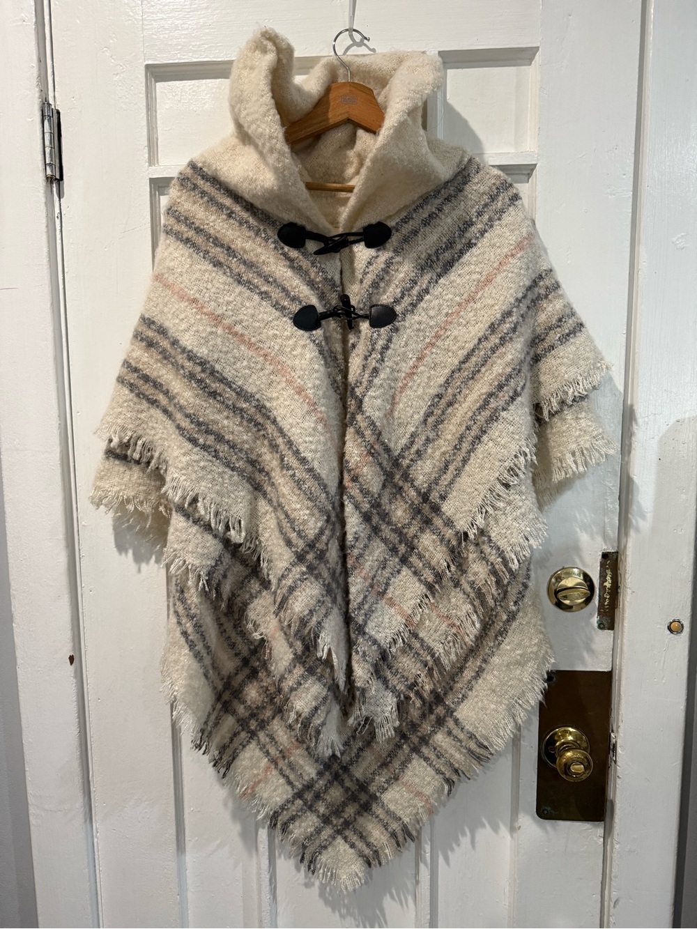 St. John's Bay Cream and Black Hooded Knit Poncho